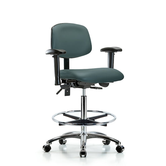 Blue Ridge Ergonomics VHBCH-CR-T0-A1-CF-CC-8546 Rutledge Vinyl Chair Chrome - High Bench Height with Adjustable Arms, Chrome Foot Ring, & Casters in Colonial Blue Trailblazer™ Vinyl