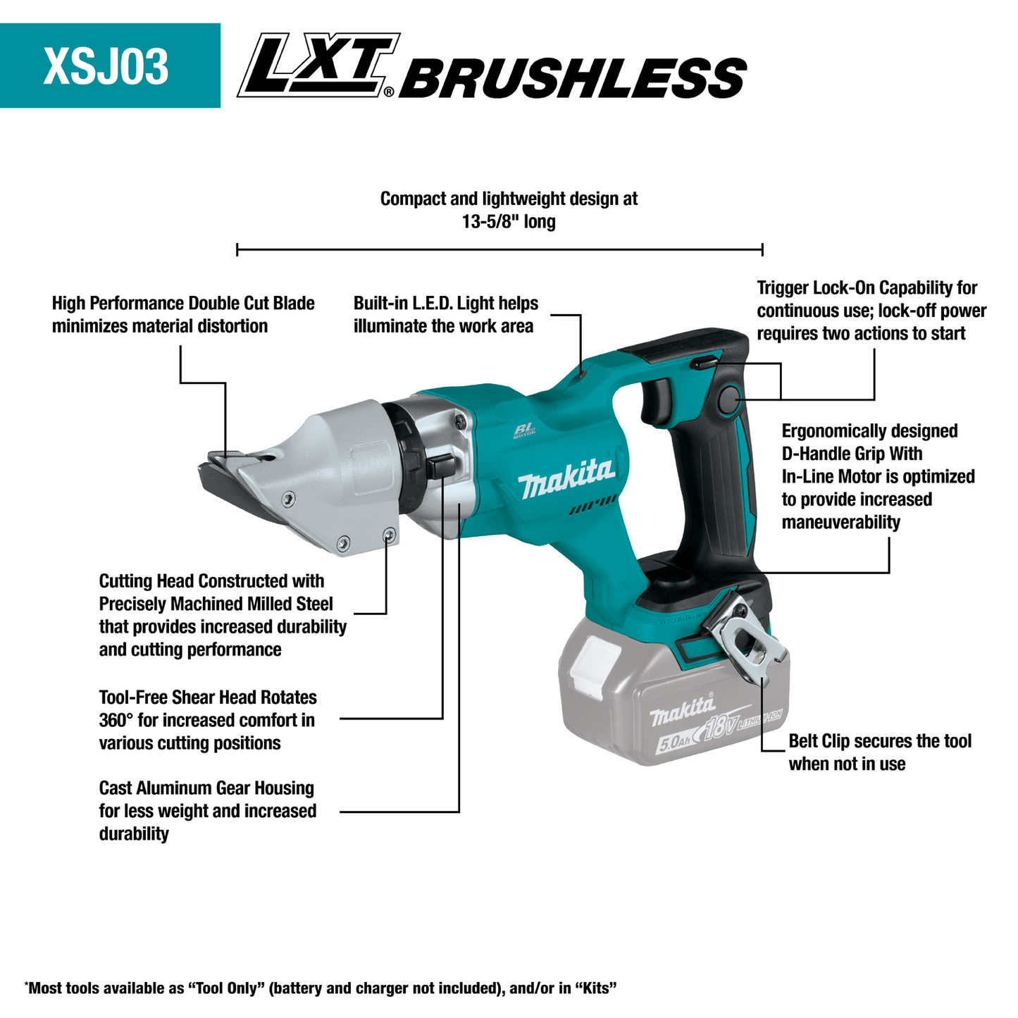 Makita XSJ03T 18V LXT® Lithium‘Ion Brushless Cordless 14 Gauge Straight Shear Kit (5.0Ah)