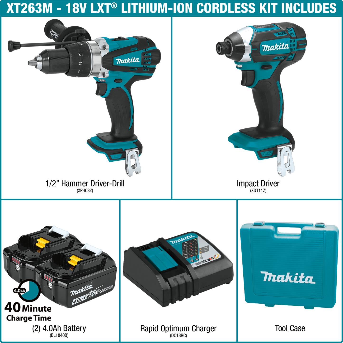 Makita XT263M 18V LXT® Lithium‘Ion Cordless 2‘Pc. Combo Kit (4.0Ah)