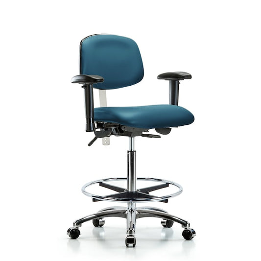 Blue Ridge Ergonomics VHBCH-CR-T1-A1-CF-RG-8801 Rutledge Vinyl Chair Chrome - High Bench Height with Seat Tilt, Adjustable Arms, Chrome Foot Ring, & Stationary Glides in Marine Blue Supernova™ Vinyl
