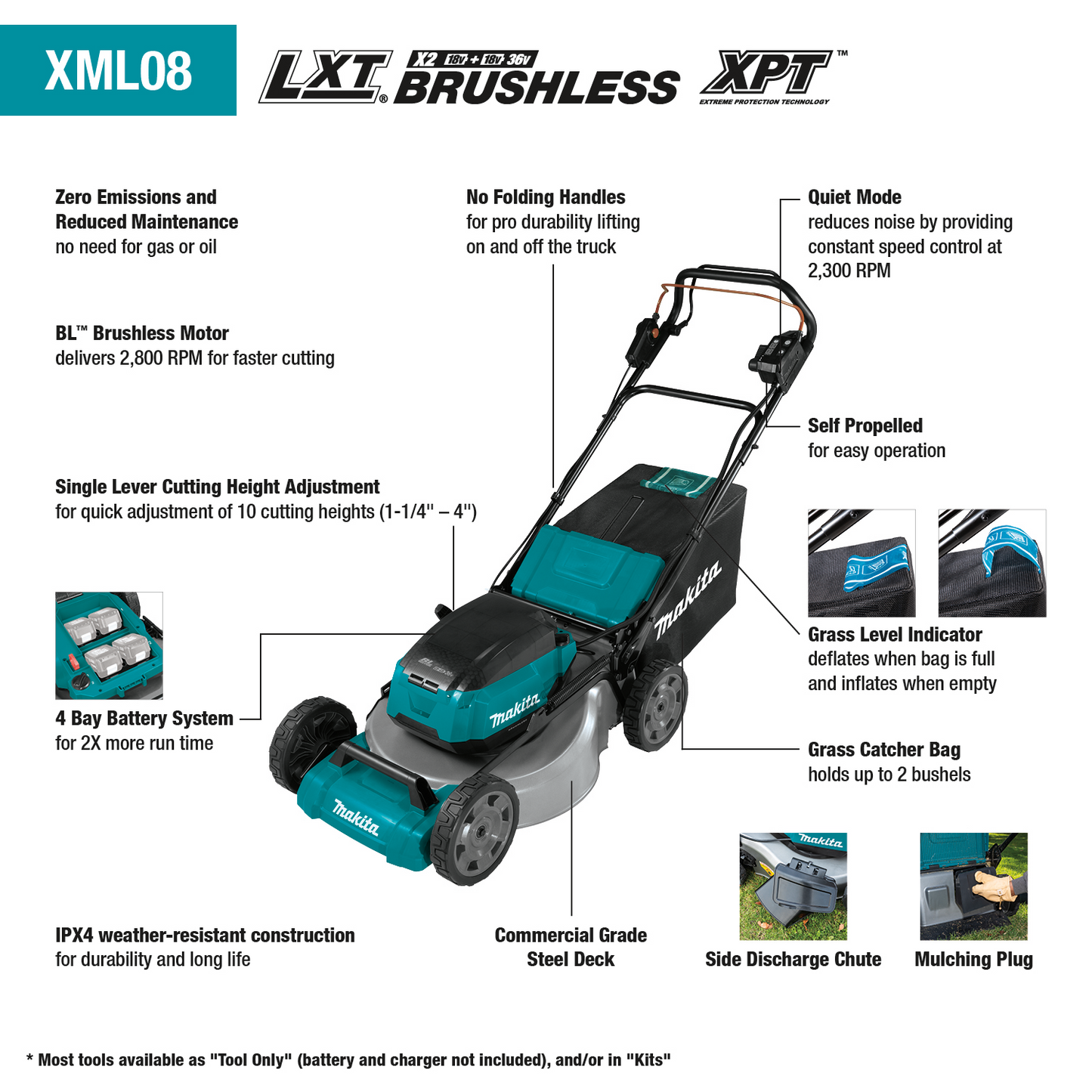 Makita XML08Z 36V (18V X2) LXT® Brushless 21" Self‘Propelled Commercial Lawn Mower, Tool Only