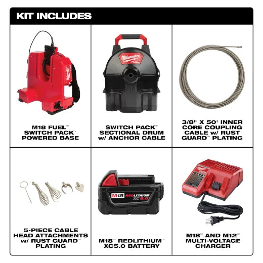 Milwaukee Tool 2775B-211 M18 FUEL™ SWITCH PACK™ Sectional Drum Machine with 3/8” Cable, 1 ST