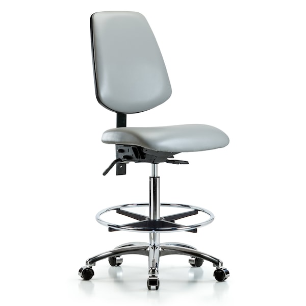 Blue Ridge Ergonomics VHBCH-MB-CR-T1-A0-CF-CC-8567 Rutledge Vinyl Chair Chrome - High Bench Height with Medium Back, Seat Tilt, Chrome Foot Ring, & Casters in Dove Trailblazer™ Vinyl