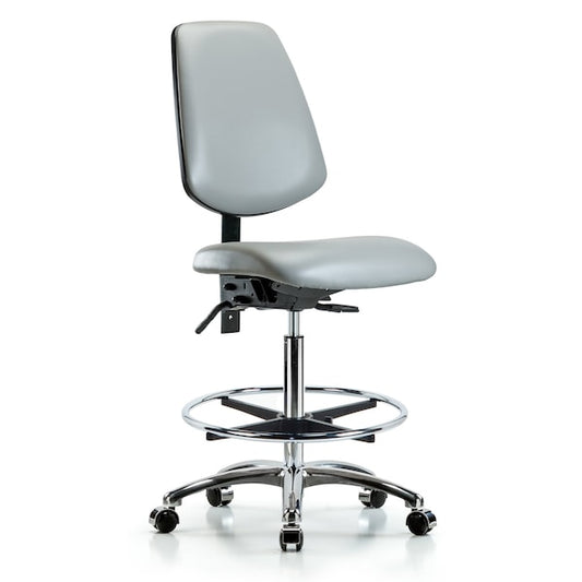 Blue Ridge Ergonomics VHBCH-MB-CR-T1-A0-CF-CC-8567 Rutledge Vinyl Chair Chrome - High Bench Height with Medium Back, Seat Tilt, Chrome Foot Ring, & Casters in Dove Trailblazer™ Vinyl