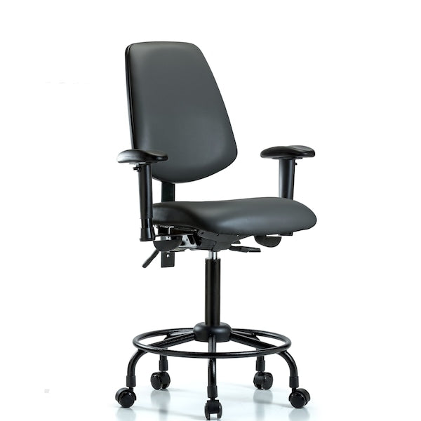 Blue Ridge Ergonomics VMBCH-MB-RT-T1-A1-RC-8605 Rutledge Vinyl Chair - Medium Bench Height with Round Tube Base, Medium Back, Seat Tilt, Adjustable Arms, & Casters in Charcoal Trailblazer™ Vinyl
