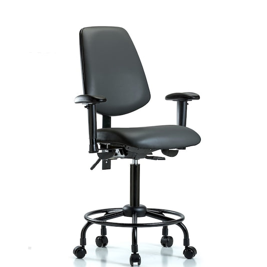 Blue Ridge Ergonomics VMBCH-MB-RT-T1-A1-RC-8605 Rutledge Vinyl Chair - Medium Bench Height with Round Tube Base, Medium Back, Seat Tilt, Adjustable Arms, & Casters in Charcoal Trailblazer™ Vinyl