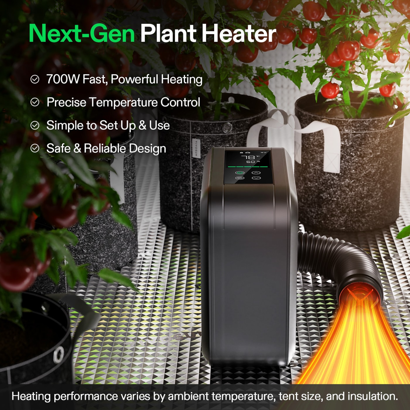 Vivosun AeroFlux Smart Grow Tent Heater with VPD Control, 700W PTC Heating, Plant Heater with 5 Power Levels, App Control, Overheat & Tip-Over Protection