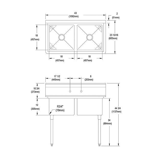Elkay 2C18X18-0X Dependabilt Stainless Steel 43" x 23-13/16" x 44-3/4" 16 Gauge Two Compartment Sink with Stainless Steel Legs