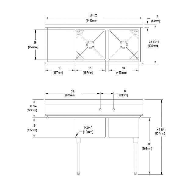 Elkay 2C18X18-L-18X Dependabilt Stainless Steel 58-1/2" x 23-13/16" x 44-3/4" 16 Gauge Two Compartment Sink w/ 18" Left Drainboard and Stainless Steel Legs