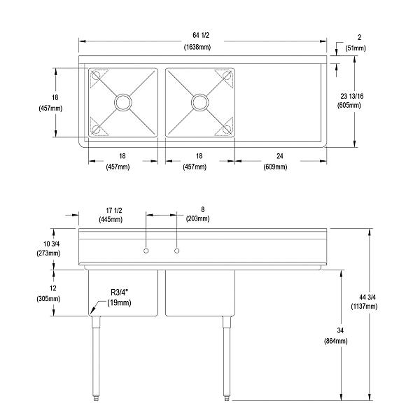 Elkay 2C18X18-R-24X Dependabilt Stainless Steel 64-1/2" x 23-13/16" x 44-3/4" 16 Gauge Two Compartment Sink w/24" Right Drainboard and Stainless Steel Legs