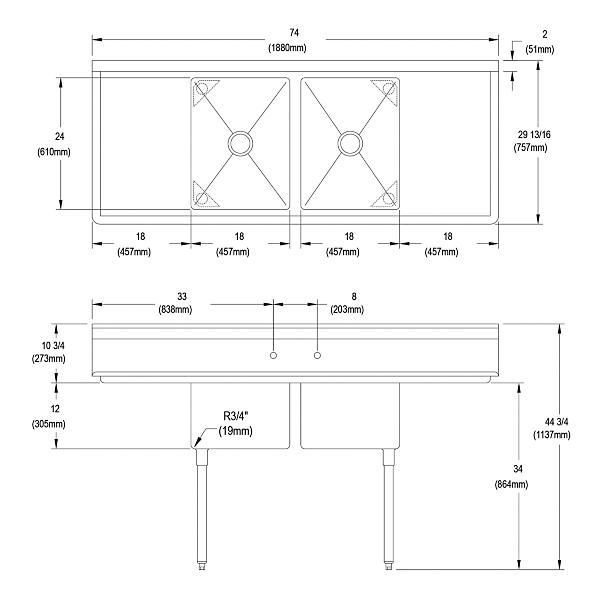 Elkay 2C18X24-2-18X Dependabilt Stainless Steel 74" x 29-13/16" x 44-3/4" 16 Gauge Two Compartment Sink w/ 18" Left and Right Drainboards and Stainless Steel Legs