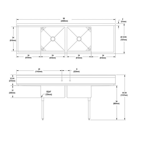 Elkay 2C24X24-2-24X Dependabilt Stainless Steel 98" x 29-13/16" x 44-3/4" 16 Gauge Two Compartment Sink w/ 24" Left and Right Drainboards and Stainless Steel Legs