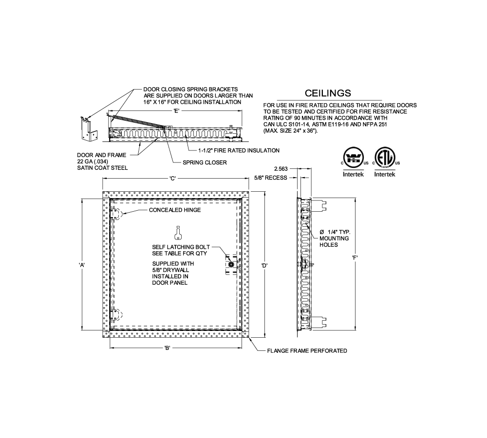 Acudor FWC-5015 16" x 16" Fire-Rated Recessed Access Door - For Drywall Ceiling