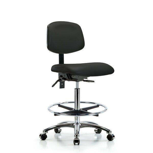 Blue Ridge Ergonomics VHBCH-CR-T1-A0-CF-CC-8540 Rutledge Vinyl Chair Chrome - High Bench Height with Seat Tilt, Chrome Foot Ring, & Casters in Black Trailblazer™ Vinyl