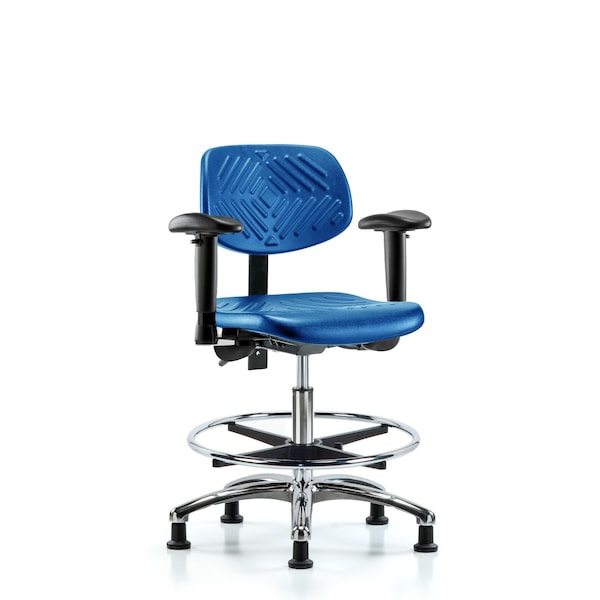Blue Ridge Ergonomics PMBCH-CR-T0-A1-CF-RG-BLU Polyurethane Chair Chrome - Medium Bench Height with Adjustable Arms, Chrome Foot Ring, & Stationary Glides in Blue Polyurethane