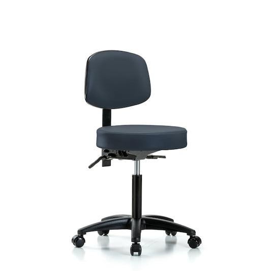 Blue Ridge Ergonomics VMBST-RG-T0-NF-RC-8582 Rutledge Vinyl Stool with Back - Medium Bench Height with Casters in Imperial Blue Trailblazer™ Vinyl