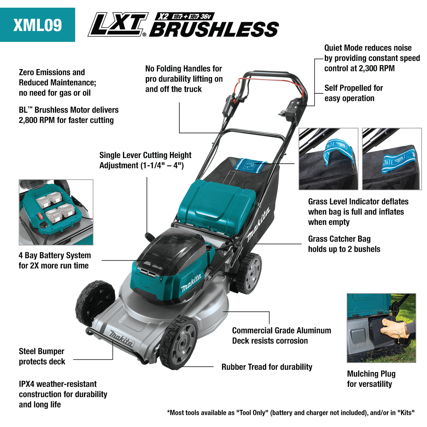 Makita XML09Z 36V (18V X2) LXT® Brushless 21" Self‘Propelled Commercial Lawn Mower, Tool Only