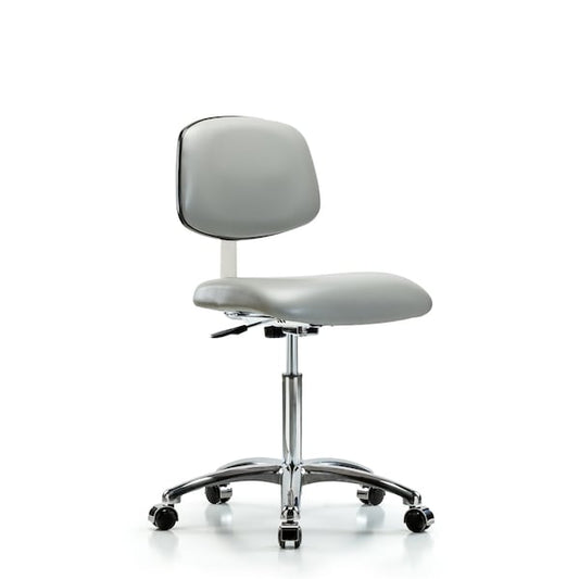 Blue Ridge Ergonomics CLR-VMBCH-CR-NF-CC-8567 Class 10 Clean Room Vinyl Chair Chrome - Medium Bench Height with Casters in Dove Trailblazer™ Vinyl