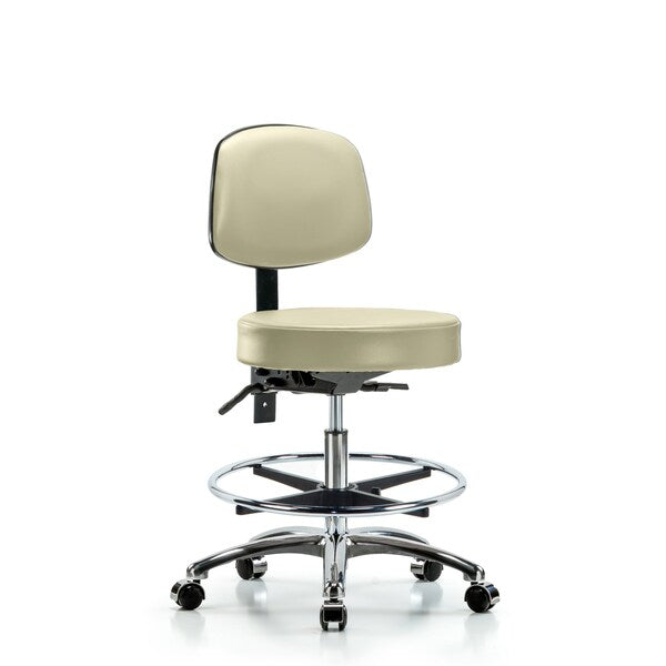 Blue Ridge Ergonomics VMBST-CR-T1-CF-CC-8501 Rutledge Vinyl Stool with Back Chrome - Medium Bench Height with Seat Tilt, Chrome Foot Ring, & Casters in Adobe White Trailblazer™ Vinyl