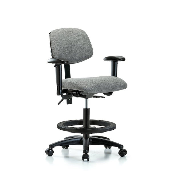 Blue Ridge Ergonomics FMBCH-RG-T0-A1-BF-RC-F44 Rutledge Fabric Chair - Medium Bench Height with Adjustable Arms, Black Foot Ring, & Casters in Gray Fabric