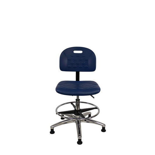 Blue Ridge Ergonomics HPMBCH-CR-T0-A0-CF-RG-BLU Newport Industrial Polyurethane Chair Chrome - Medium Bench Height with Chrome Foot Ring & Stationary Glides in Blue Polyurethane
