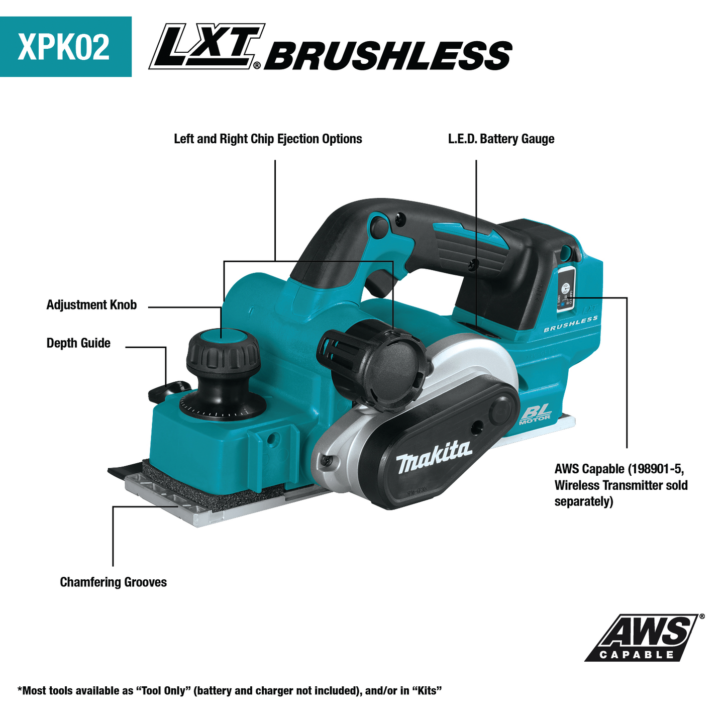 Makita XPK02Z 18V LXT® Lithium‘Ion Brushless Cordless 3‘1/4" Planer, AWS® Capable, Tool Only