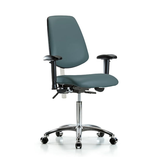 Blue Ridge Ergonomics NCR-VMBCH-MB-CR-T0-A1-NF-CC-8546 Class 100 Vinyl Clean Room Chair - Medium Bench Height with Medium Back, Adjustable Arms, & Casters in Colonial Blue Trailblazer™ Vinyl