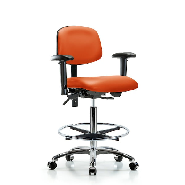 Blue Ridge Ergonomics VHBCH-CR-T0-A1-CF-CC-8613 Rutledge Vinyl Chair Chrome - High Bench Height with Adjustable Arms, Chrome Foot Ring, & Casters in Orange Kist Trailblazer™ Vinyl