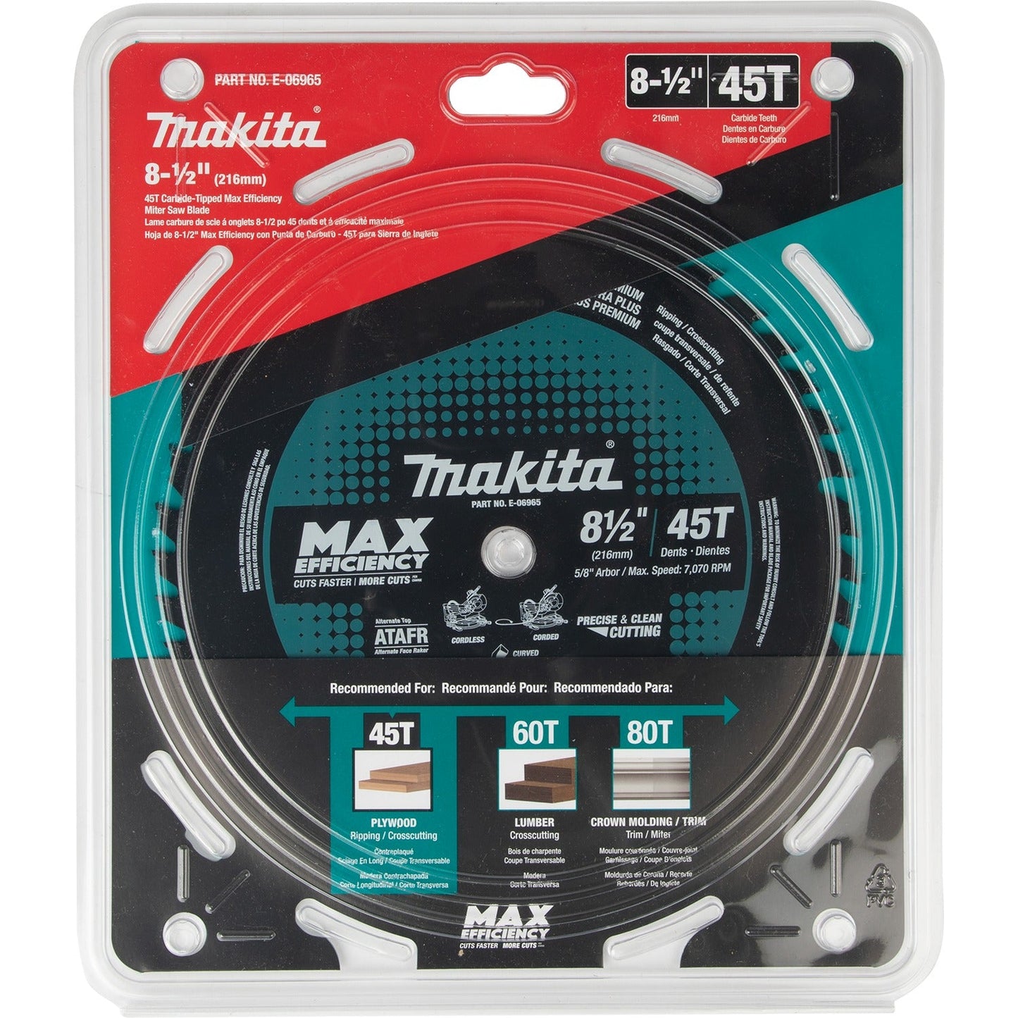 Makita E-06965 8‘1/2" 45T Carbide‘Tipped Max Efficiency Miter Saw Blade