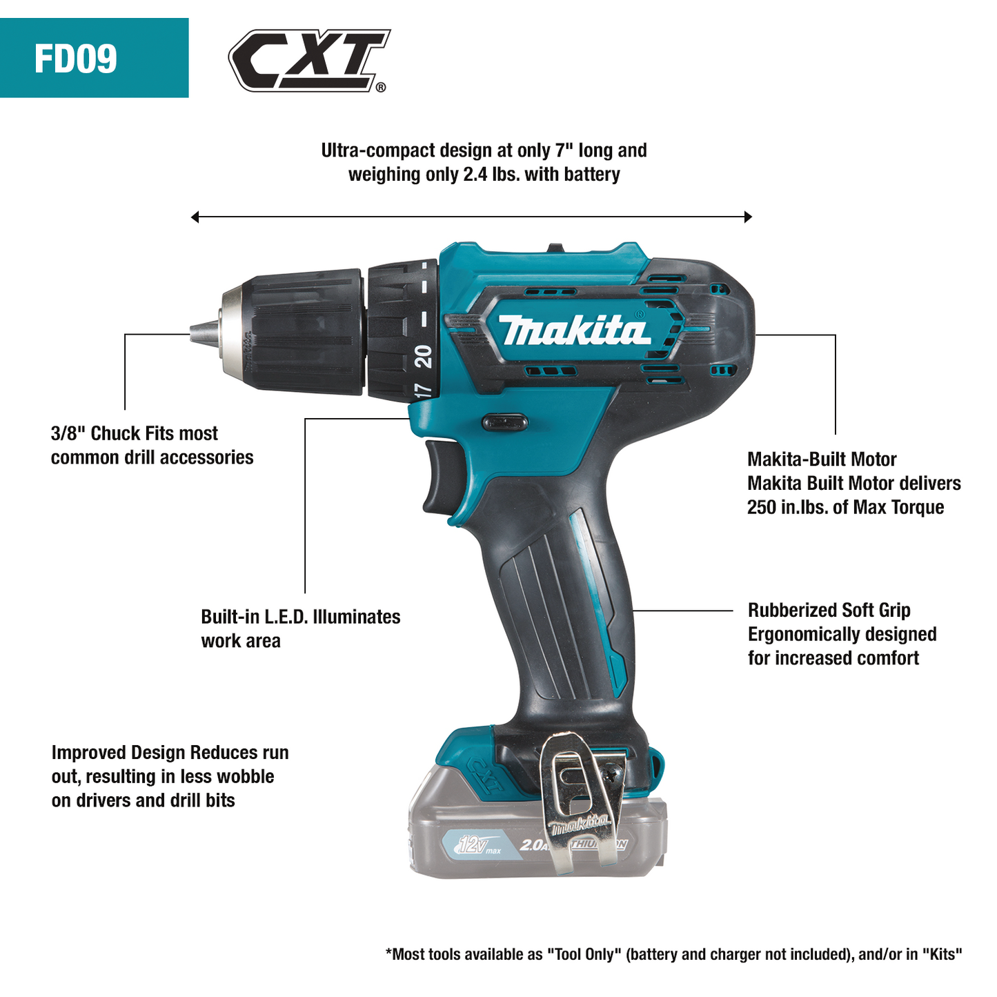 Makita FD09Z 12V max CXT® Lithium‘Ion Cordless 3/8" Driver‘Drill, Tool Only