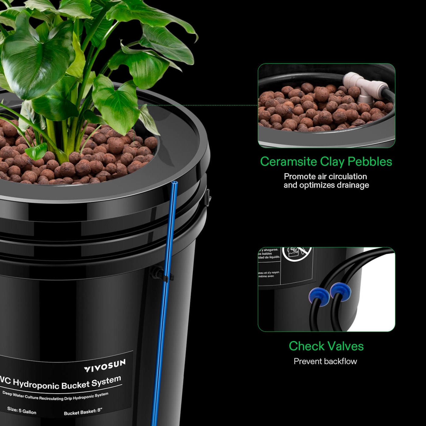 Vivosun 5 Gallon DWC Hydroponic System Kit (2 Bucket, Black)