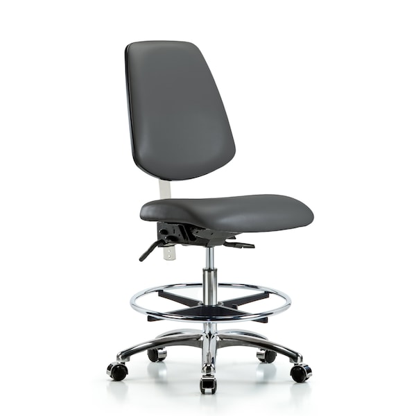 Blue Ridge Ergonomics NCR-VMBCH-MB-CR-T1-A0-CF-CC-8823 Class 100 Vinyl Clean Room Chair - Medium Bench Height with Medium Back, Seat Tilt, Chrome Foot Ring, & Casters in Carbon Supernova™ Vinyl