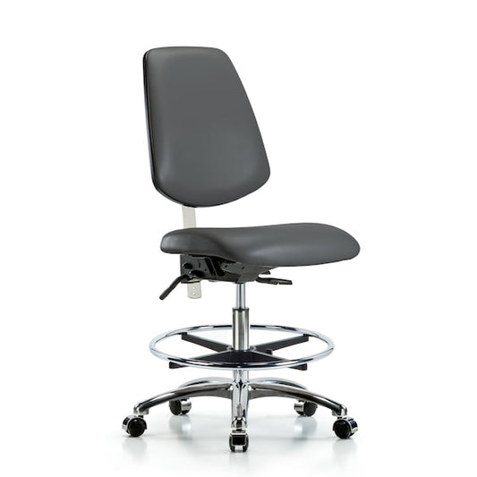 Blue Ridge Ergonomics NCR-VMBCH-MB-CR-T1-A0-CF-CC-8823 Class 100 Vinyl Clean Room Chair - Medium Bench Height with Medium Back, Seat Tilt, Chrome Foot Ring, & Casters in Carbon Supernova™ Vinyl
