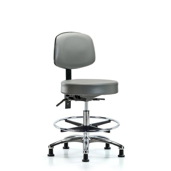 Blue Ridge Ergonomics VMBST-CR-T1-CF-RG-8840 Rutledge Vinyl Stool with Back Chrome - Medium Bench Height with Seat Tilt, Chrome Foot Ring, & Stationary Glides in Sterling Supernova™ Vinyl