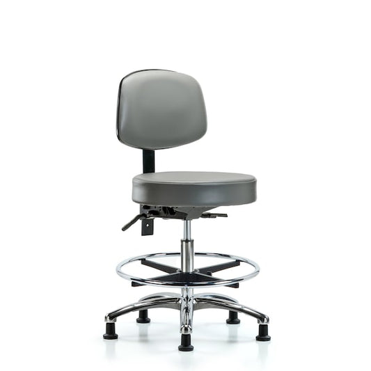 Blue Ridge Ergonomics VMBST-CR-T1-CF-RG-8840 Rutledge Vinyl Stool with Back Chrome - Medium Bench Height with Seat Tilt, Chrome Foot Ring, & Stationary Glides in Sterling Supernova™ Vinyl