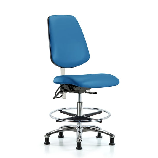 Blue Ridge Ergonomics NECR-VMBCH-MB-CR-T1-A0-CF-EG-ESDBLU Class 100 Vinyl Clean Room/ESD Chair - Medium Bench Height with Medium Back, Seat Tilt, Chrome Foot Ring, & ESD Stationary Glides in Blue ESD Vinyl