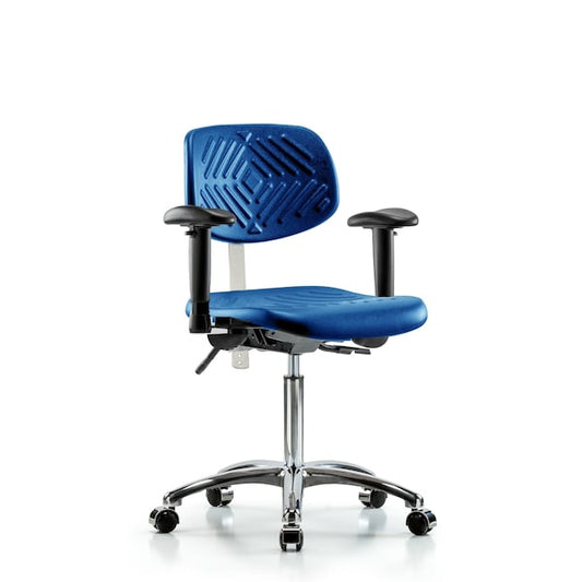 Blue Ridge Ergonomics NCR-PMBCH-CR-T1-A1-NF-CC-BLU Class 100 Polyurethane Clean Room Chair - Medium Bench Height with Seat Tilt, Adjustable Arms, & Casters in Blue Polyurethane