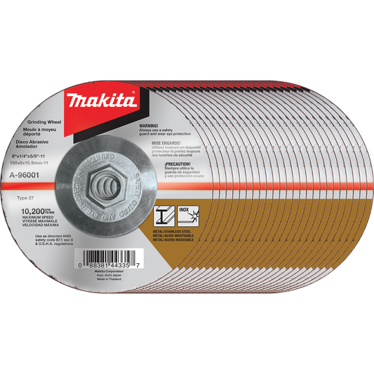 Makita A-96001-25 6" x 1/4" x 5/8‘11" Hubbed INOX Grinding Wheel, 36 Grit, 25/pk