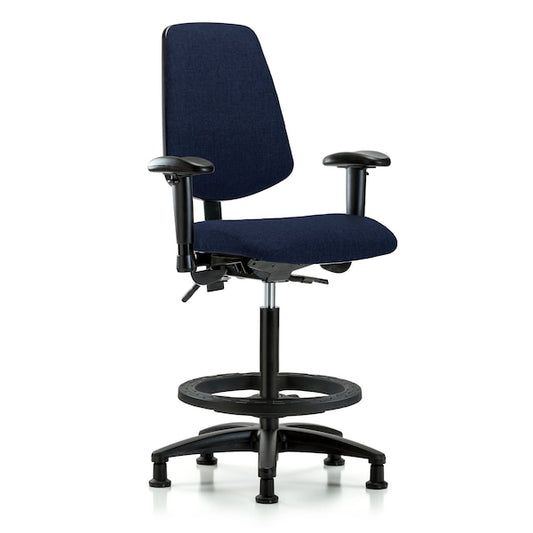 Blue Ridge Ergonomics FHBCH-MB-RG-T0-A1-BF-RG-F45 Rutledge Fabric Chair - High Bench Height with Medium Back, Adjustable Arms, Black Foot Ring, & Stationary Glides in Navy Fabric