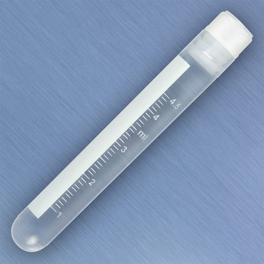 Globe Scientific 3005 CryoCLEAR vials 4.0mL STERILE Internal Threads Attached Screwcap with Co-Molded Thermoplastic Elastomer (TPE) Sealing Layer Round Bottom Self-Standing Printed Graduations Writing Space and Barcode 50/Bag 10 Bags/Case