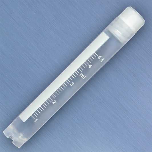 Globe Scientific 3008-50 CryoCLEAR vials 5.0mL STERILE Internal Threads Attached Screwcap with Co-Molded Thermoplastic Elastomer (TPE) Sealing Layer Round Bottom Self-Standing Printed Graduations Writing Space and Barcode 50/Bag