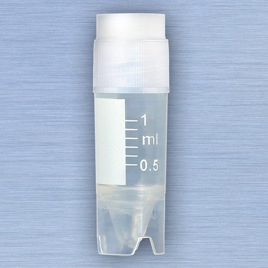 Globe Scientific 3010-50 CryoCLEAR vials 1.0mL STERILE External Threads Attached Screwcap with Co-Molded Thermoplastic Elastomer (TPE) Sealing Layer Conical Bottom Self-Standing Printed Graduations Writing Space and Barcode 50/Bag