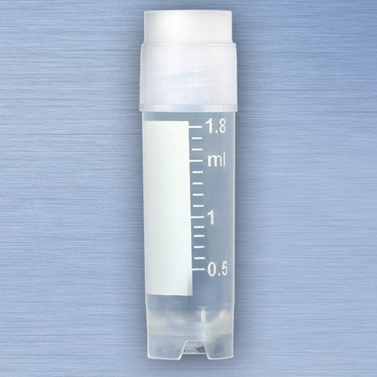 Globe Scientific 3012-50 CryoCLEAR vials 2.0mL STERILE External Threads Attached Screwcap with Co-Molded Thermoplastic Elastomer (TPE) Sealing Layer Round Bottom Self-Standing Printed Graduations Writing Space and Barcode 50/Bag