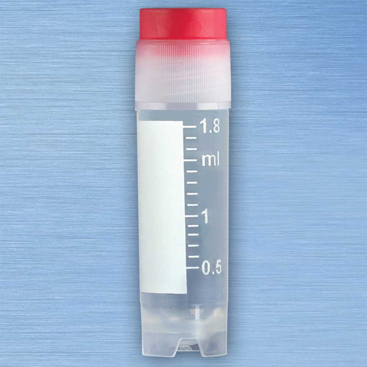 Globe Scientific 3012 CryoCLEAR vials 2.0mL STERILE External Threads Attached Screwcap with Co-Molded Thermoplastic Elastomer (TPE) Sealing Layer Round Bottom Self-Standing Printed Graduations Writing Space and Barcode 50/Bag 10 Bags/Case
