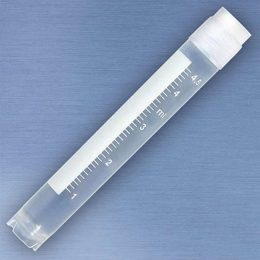 Globe Scientific 3015-50 CryoCLEAR vials 5.0mL STERILE External Threads Attached Screwcap with Co-Molded Thermoplastic Elastomer (TPE) Sealing Layer Round Bottom Self-Standing Printed Graduations Writing Space and Barcode 50/Bag