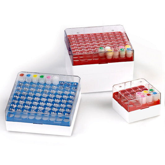 Globe Scientific 3040R BioBOX 81 for 1.0mL and 2.0mL CryoCLEAR vials Polycarbonate (PC) Holds 81 vials (9x9 format) Printed Lid Pack Includes a CryoClear Tube Picker RED
