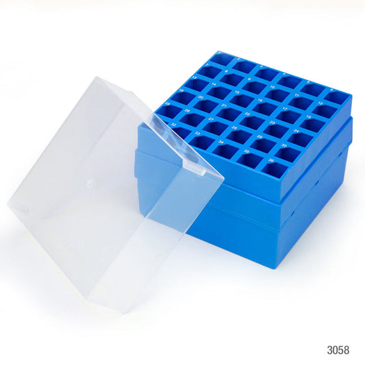 Globe Scientific 3058 Storage Box with Lid for 15mL Centrifuge Tubes 36-Place (6x6) PP Blue Base & Clear Lid 4 Boxes/Carton