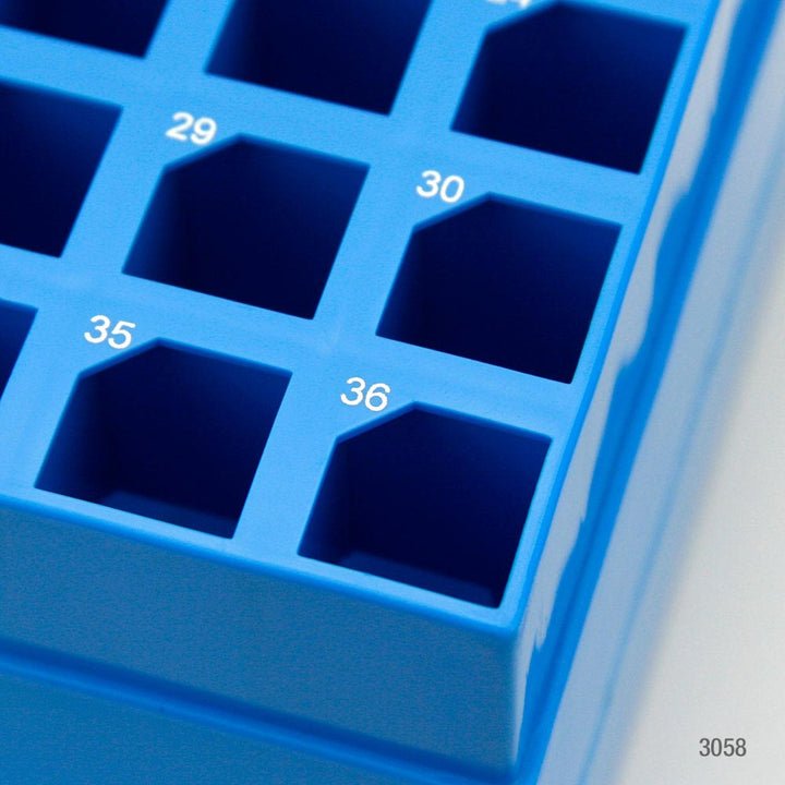 Globe Scientific 3058 Storage Box with Lid for 15mL Centrifuge Tubes 36-Place (6x6) PP Blue Base & Clear Lid 4 Boxes/Carton