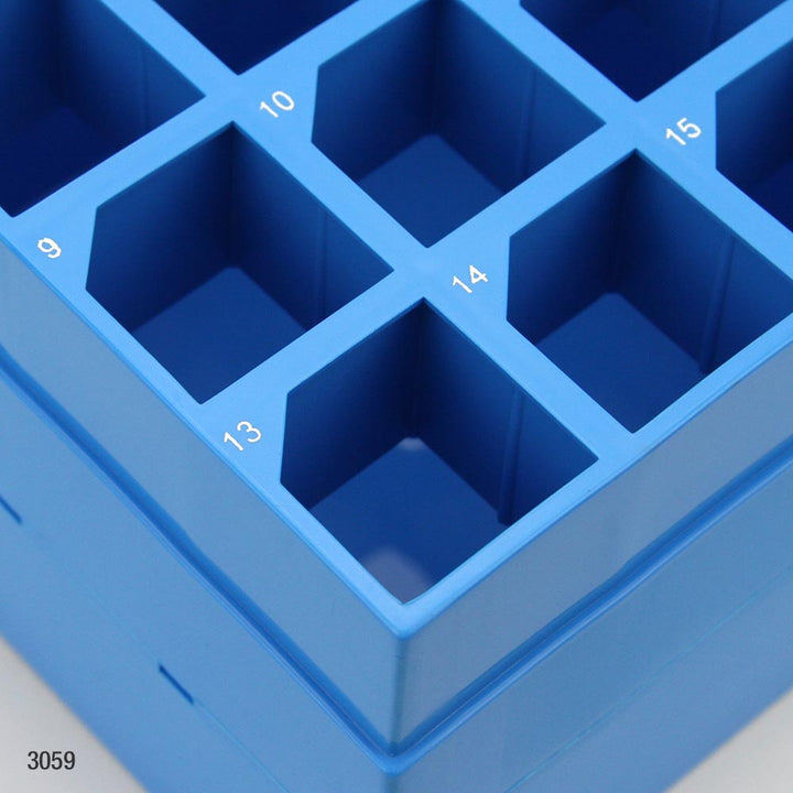 Globe Scientific 3058 Storage Box with Lid for 15mL Centrifuge Tubes 36-Place (6x6) PP Blue Base & Clear Lid 4 Boxes/Carton