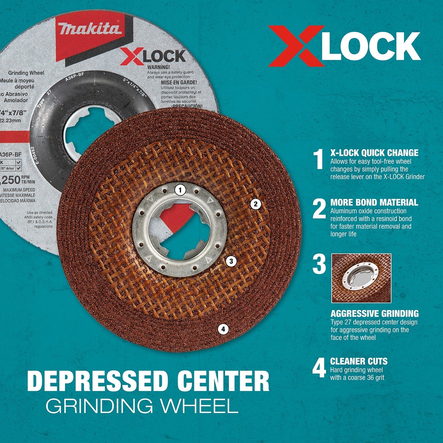 Makita E-00430 X‘LOCK 4‘1/2" x 1/4" x 7/8" Type 27 General Purpose 36 Grit Abrasive Grinding Wheel for Metal & Stainless Steel Grinding